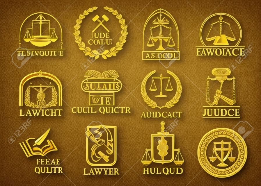 Les icônes de vecteurs juridiques sont des listes de plaidoyer et des lois légales, des livres de codes de droit, des échelles de justice ou un juge de marteau et une couronne de laurier, une épée et une colonne. Emblèmes d'or ou panneaux pour avocat, avocat de cour et avocat de droit judiciaire, avocat ou notaire