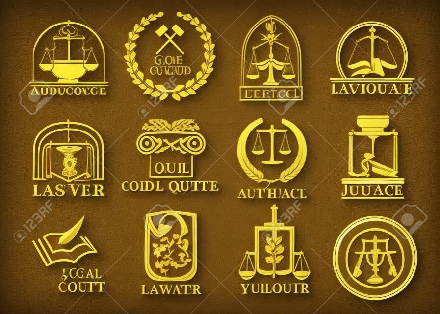 Juridical vector icons set of advocacy and legal symbols law code book, justice scales or judge gavel and laurel wreath, sword and column. Golden emblems or signs for advocate, court lawyer and judicial right attorney, counsel or notary office