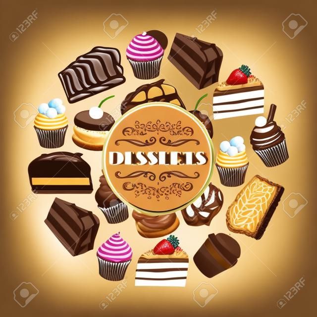 Cakes and cupcakes desserts vector poster of pies, chocolate and fruit tarts, muffins and biscuits or cookies, donuts and pudding. Design bakery shop, pastry and patisserie or confectionery menu