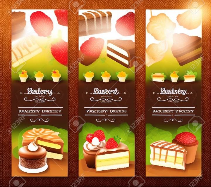 Banner de sobremesas de bolo para design de padaria e pastelaria