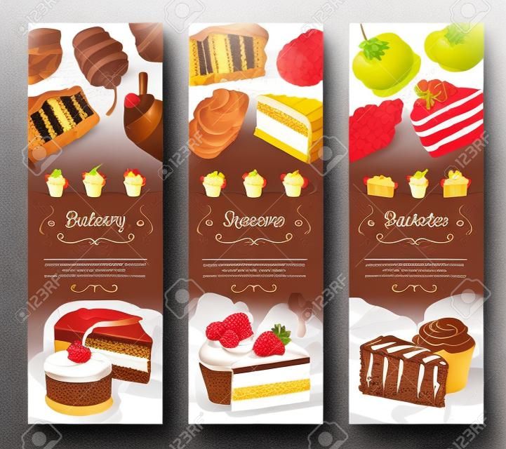 Banner de sobremesas de bolo para design de padaria e pastelaria