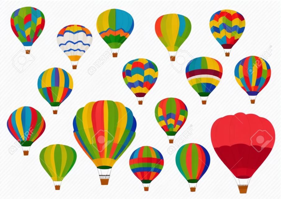 Sıcak hava balonu vektör çizim simgeleri. Zırhlı zag, çizgili ve süs tasarımı ve turist uçuşunda gondol bulunan vektör izole desenli şişirilmiş haplar veya bulut balonu uçakları