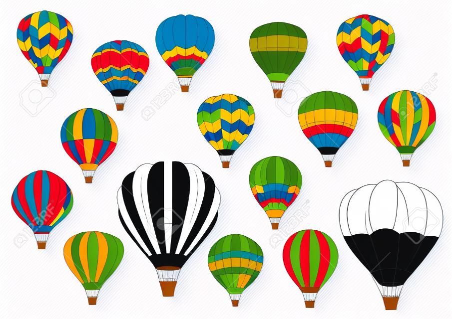 Sıcak hava balonu vektör çizim simgeleri. Zırhlı zag, çizgili ve süs tasarımı ve turist uçuşunda gondol bulunan vektör izole desenli şişirilmiş haplar veya bulut balonu uçakları