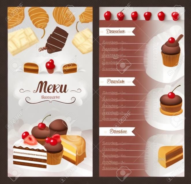디저트 및 과자 벡터 메뉴 템플릿입니다. 달콤한 비스킷과 베이커리 케이크 또는 컵 케이크, 치즈 케이크, 티라미수 및 브라 우니 tortes, 체리 베리 토핑과 푸딩 또는 샬롯 파이에 대한 가격 디자인