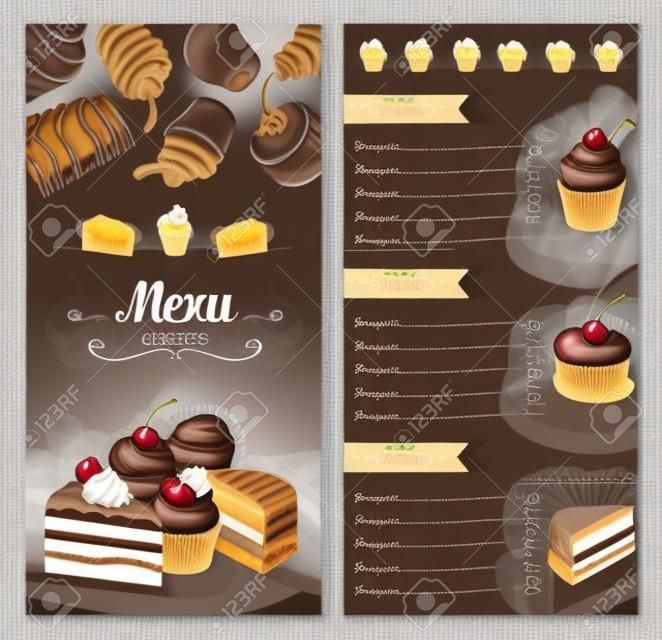 甜点和糕点矢量菜单模板。价格设计适用于甜饼干和面包店蛋糕或蛋糕，芝士蛋糕，提拉米苏和布朗尼蛋糕，布丁或夏洛特派，配以樱桃浆果馅料
