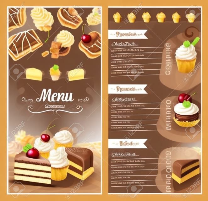 Postres y pastelería vector plantilla de menú. Diseño de precios para galletas dulces y pasteles de panadería o cupcakes, pastel de queso, tiramisú y tortas de brownie, pudín o tarta de charlotte con cobertura de cereza
