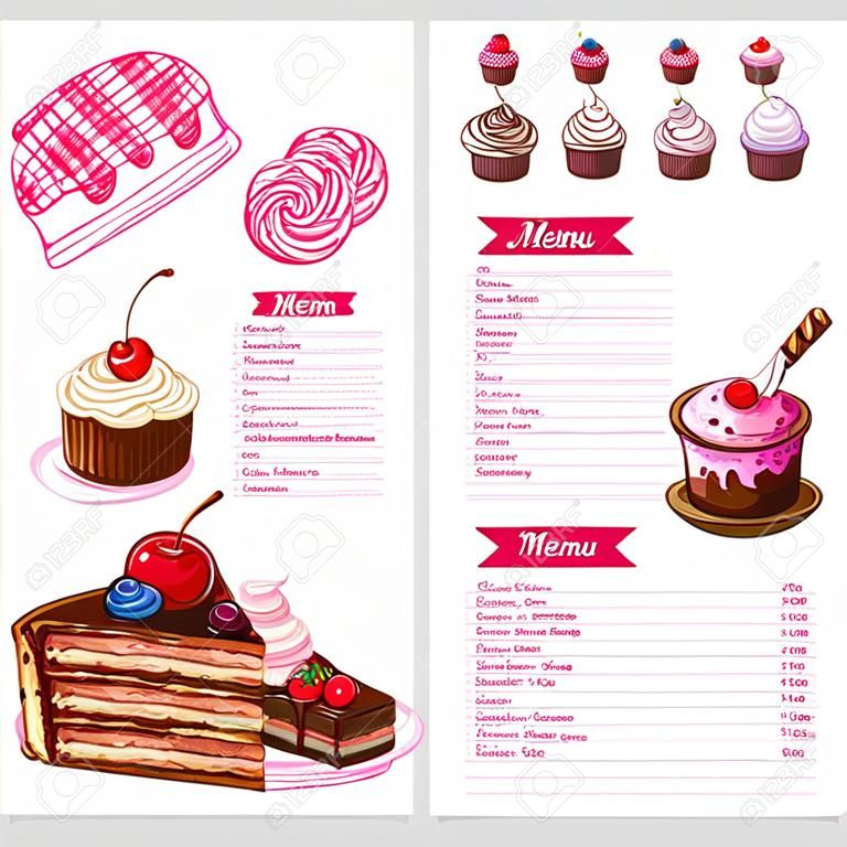 Desserts and pastry vector menu template. Price design for sweet biscuits and bakery cakes or cupcakes, cheesecake, tiramisu and brownie tortes, pudding or charlotte pie with cherry berry topping