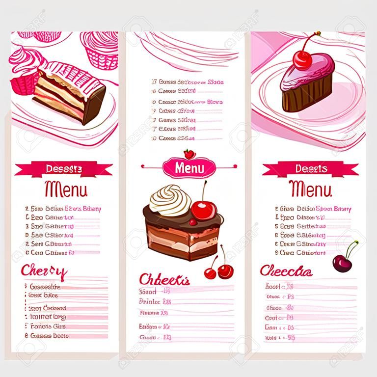 甜点和糕点矢量菜单模板。价格设计适用于甜饼干和面包店蛋糕或蛋糕，芝士蛋糕，提拉米苏和布朗尼蛋糕，布丁或夏洛特派，配以樱桃浆果馅料