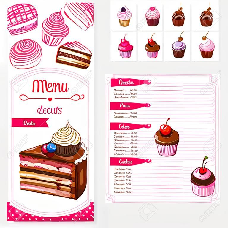 디저트 및 과자 벡터 메뉴 템플릿입니다. 달콤한 비스킷과 베이커리 케이크 또는 컵 케이크, 치즈 케이크, 티라미수 및 브라 우니 tortes, 체리 베리 토핑과 푸딩 또는 샬롯 파이에 대한 가격 디자인