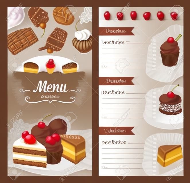 Шаблон меню для десертов и печенья. Ценовой дизайн для сладких печенья и пекарских тортов или кексов, чизкейк, тирамису и пирожных, пудинг или шарлот-пирог с вишневой ягодой