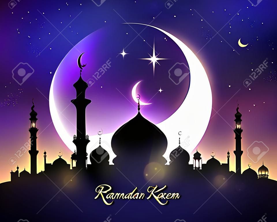 Ramadan Kareem o Ramazan Mubarak biglietto di auguri con minareti moschea, falce di luna e stella scintillante nel cielo notturno blu. Disegno vettoriale per la celebrazione di festa religiosa tradizionale islamica o musulmana