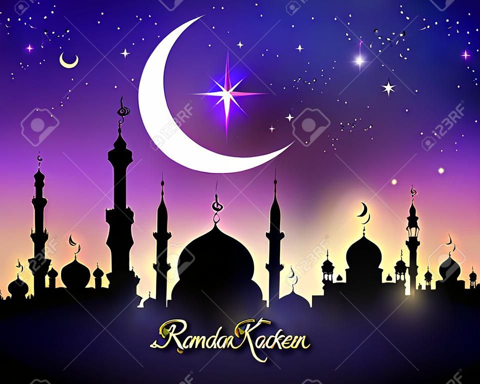 라마단 카림 또는 Ramazan 무 바락 인사말 카드 모스크 대성당, 초승달 및 파란색 밤하늘에 반짝 반짝 빛나는 스타. 이슬람 또는 이슬람 전통 종교 축하 축하를위한 벡터 디자인