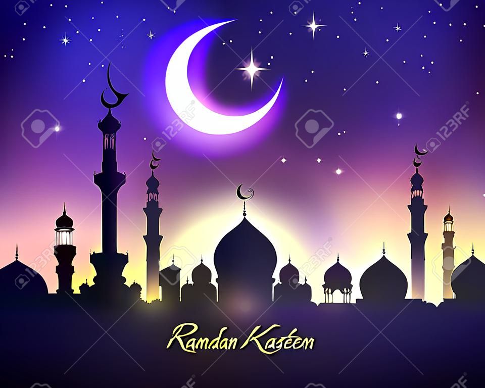 Carte de voeux Ramadan Kareem ou Ramazan Moubarak avec des minarets de mosquées, une lune croissante et une étoile scintillante dans un ciel nocturne bleu. Conception vectorielle pour célébrations religieuses traditionnelles islamiques ou musulmanes