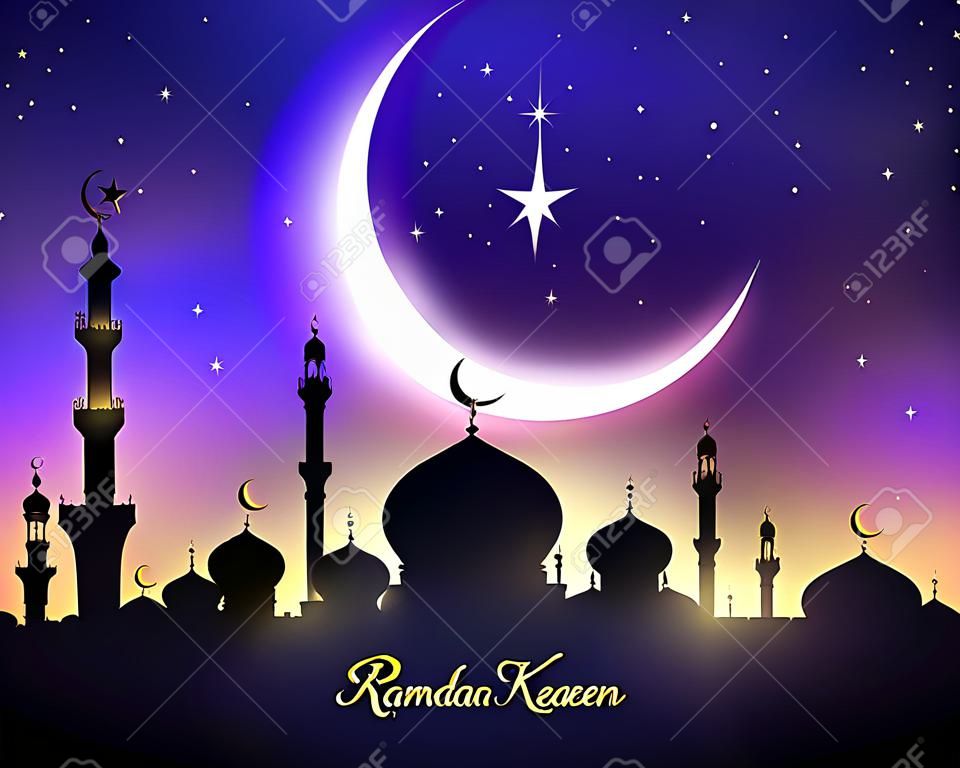 モスクのミナレット、三日月ブルーの夜空に輝く星とラマダン カリームまたはラマザン ムバラクのグリーティング カード。イスラム教やイスラム教徒の伝統的な宗教的な休日のお祝いのためのベクター デザイン