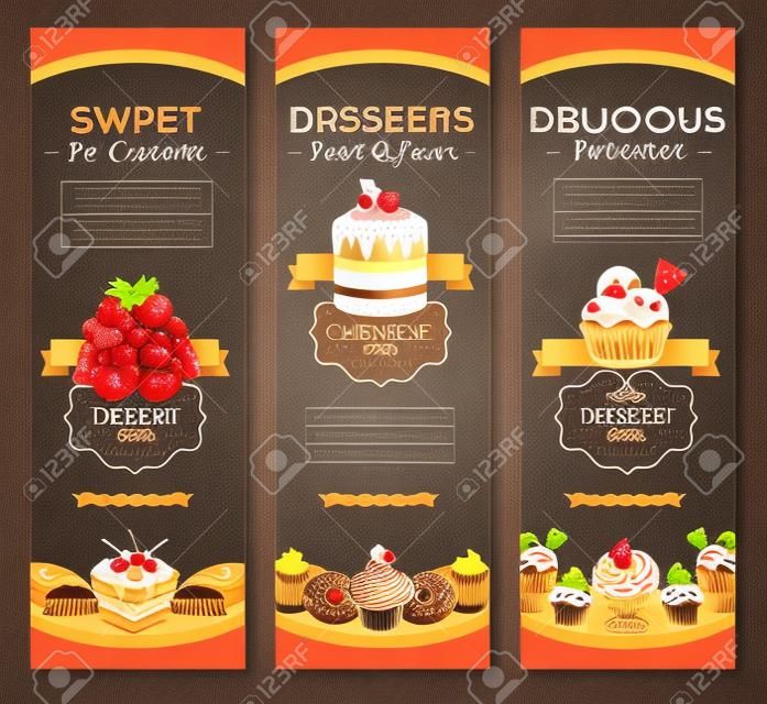 Banners vetoriais de bolos de sobremesa e doces de pastelaria
