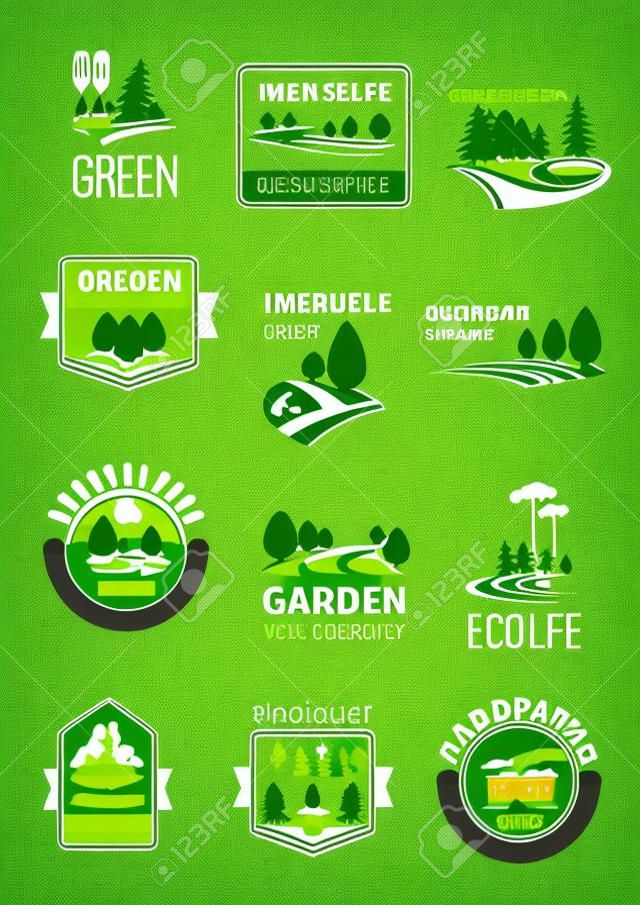 Zielony krajobraz i firmy ogrodnicze wektorowe ikony