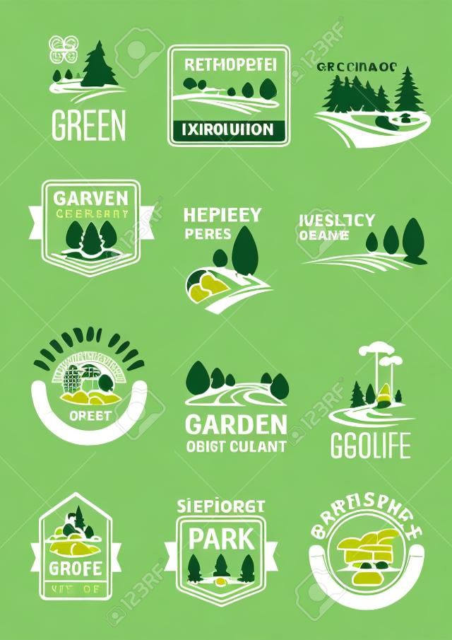 Yeşil manzara ve bahçe şirketi vektör simgeleri