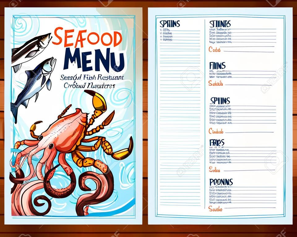 Meeresfrüchte-Menü-Vorlage für frische Meeresfrüchte und Fisch-Restaurant. Vector Preisgestaltung für Thunfisch oder Lachs Fisch Platten, Garnelen oder Hummer Krabbensalate und Tintenfisch oder Oktopus Vorspeisen und Getränke