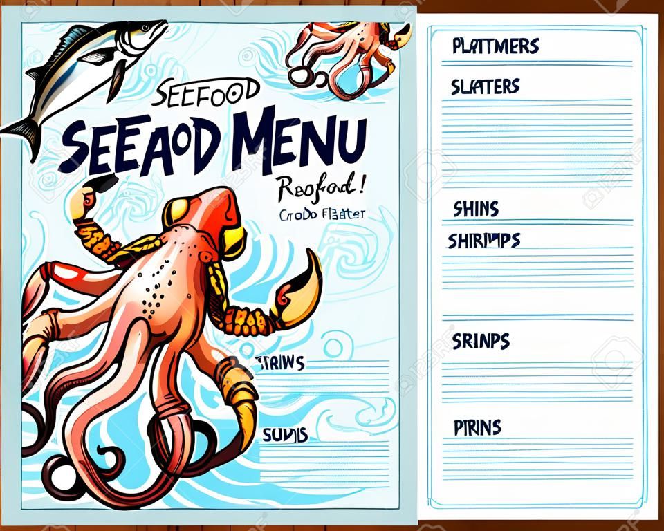 Seafood menu template for fresh sea and fish food restaurant. Vector price design for tuna or salmon fish platters, shrimps or lobster crab salads and squid or octopus appetizers and drinks