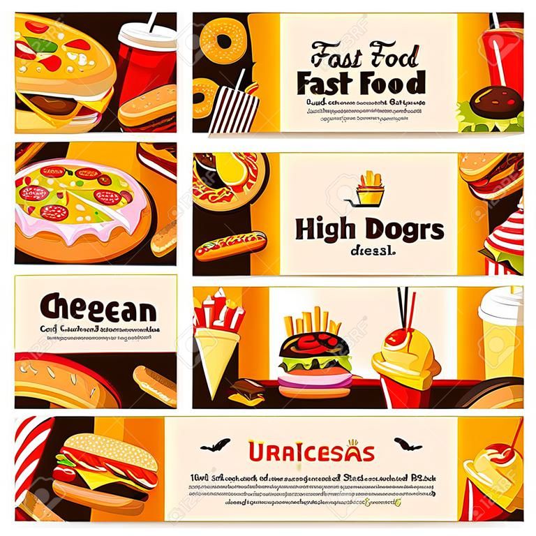 Fast food banners set for restaurant. Vector design of cheeseburger or hamburger sandwich, donut cake dessert and ice cream, hot dog, pizza and fastfood snacks and meals for restaurant or cafe