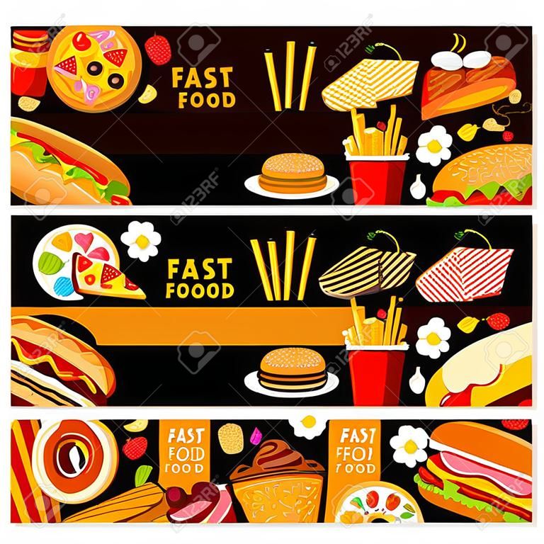 Fast food banners set for restaurant. Vector design of cheeseburger or hamburger sandwich, donut cake dessert and ice cream, hot dog, pizza and fastfood snacks and meals for restaurant or cafe