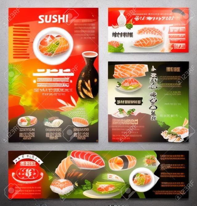 Cartaz de restaurante de frutos do mar japonês e design de modelo de banner. Sushi e cartão de menu de comida asiática ou design de folheto com rolo de sushi com peixe e camarão, arroz de frutos do mar frito, sopa de macarrão, chá e bebida de saquê