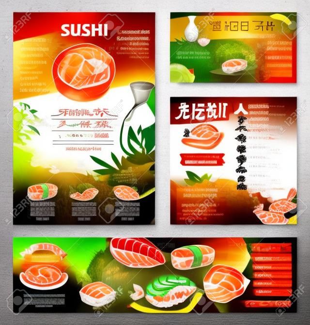 Japanese seafood restaurant poster and banner template design. Sushi and asian food menu card or flyer design with sushi roll with fish and shrimp, fried seafood rice, noodle soup, tea and sake drink