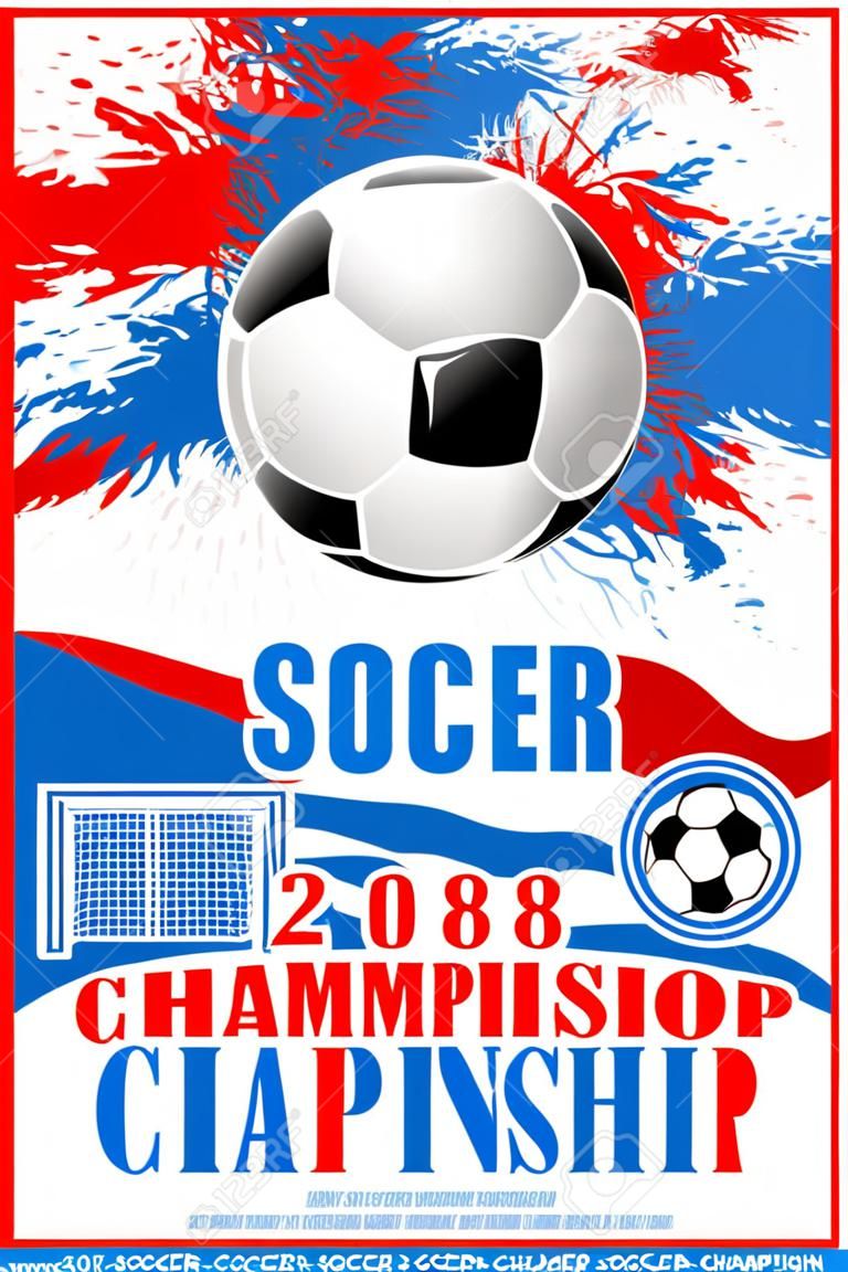 足球冠軍2018杯足球的海報，在競技場體育場的目標蓋茨和優勝者金杯狀獎。冠軍勝利花圈在紅色，白色和藍色俄羅斯國旗顏色的矢量設計