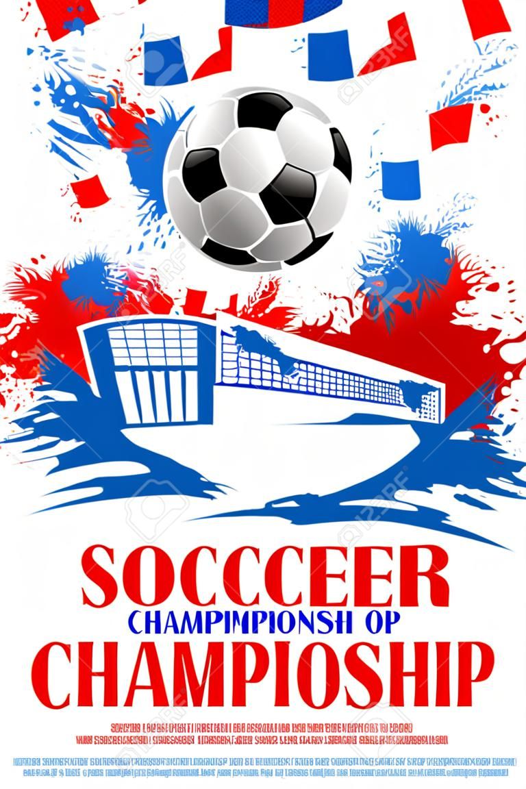足球冠軍2018杯足球的海報，在競技場體育場的目標蓋茨和優勝者金杯狀獎。冠軍勝利花圈在紅色，白色和藍色俄羅斯國旗顏色的矢量設計