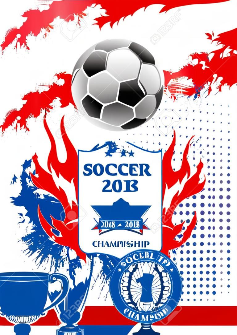 Futbol şampiyonası 2018 fincan poster şablonu. Futbol topunun vektör tasarımı, arena stadında gol kapısı ve spor takımları için kırmızı yıldızlarla zafer kadehi ödülü
