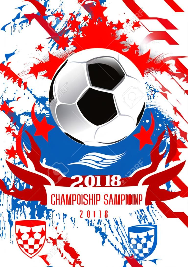 Soccer championship 2018 cup poster template. Vector design of football ball, goal gates at arena stadium and victory goblet award with red stars for sport game teams tournament