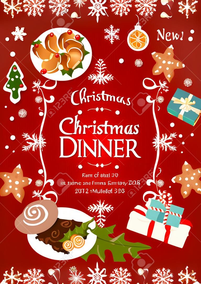 聖誕假期晚餐邀請海報模板與節日的菜餚框架。土耳其，薑餅曲奇餅，巧克力蛋糕和甜酒與新年的鐘聲，雪花，荷莉貝瑞和松樹的旗幟
