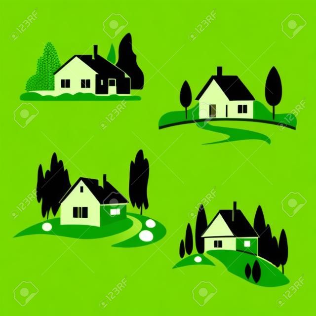 Vector groene huis boerderij bos pictogrammen