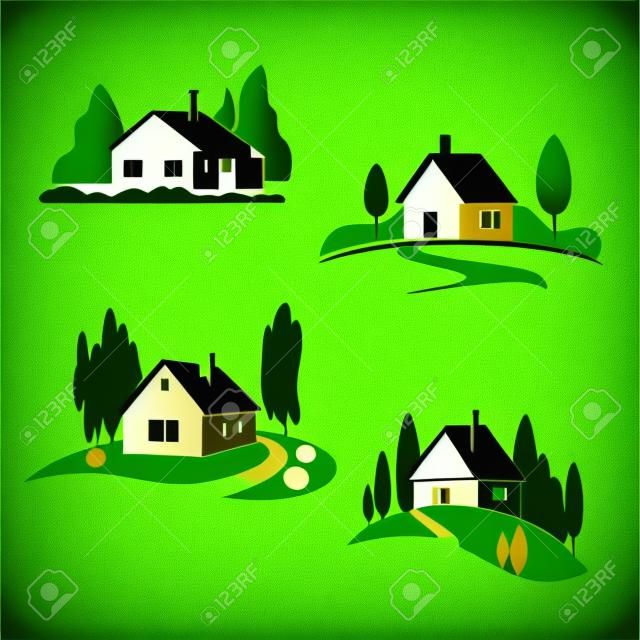 Vector groene huis boerderij bos pictogrammen