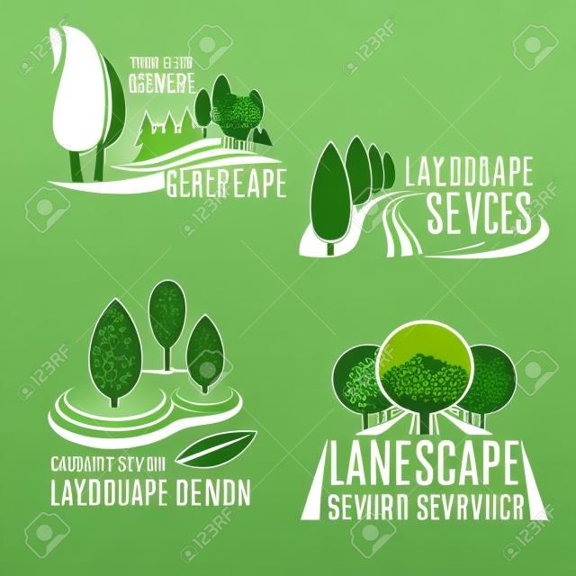 造園会社とガーデニングサービスアイコンセット。景観デザインスタジオと芝生ケアサービスエンブレムデザインのためのエコパークや都市庭園の木、植物や草の芝生と緑の自然のシンボル