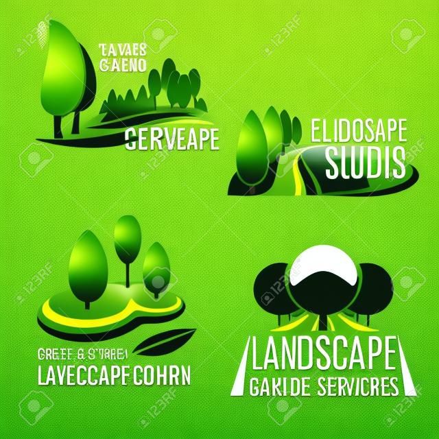 Landscaping company and gardening service icon set. Green nature symbol with tree, plant and grass lawn of eco park or city garden for landscape design studio and lawn care service emblem design