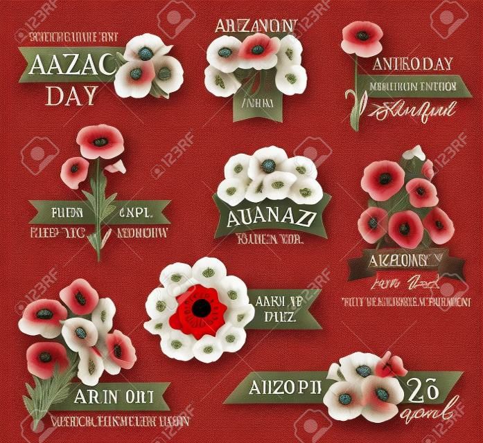 Anzac Day icon of poppy flower and memorial ribbon illustration.