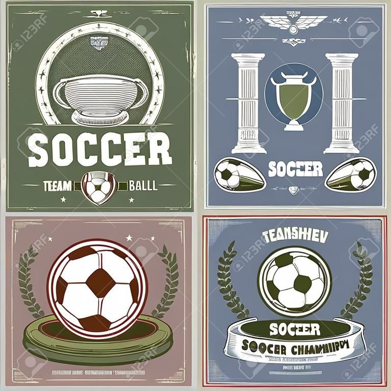 Vintage soccer or football sport grunge poster of team competition match. Soccer ball, football championship, trophy cup in laurel wreath frame for sporting tournament vintage banner design