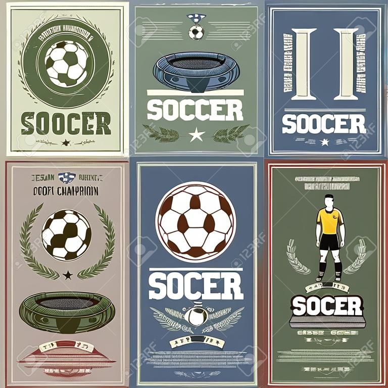 Vintage voetbal of voetbal sport grunge poster van team competitie wedstrijd. Voetbal, voetbalkampioenschap, beker in laurier krans frame voor sportieve toernooi vintage banner ontwerp