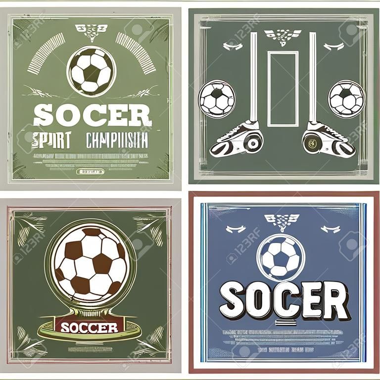 Vintage soccer or football sport grunge poster of team competition match. Soccer ball, football championship, trophy cup in laurel wreath frame for sporting tournament vintage banner design