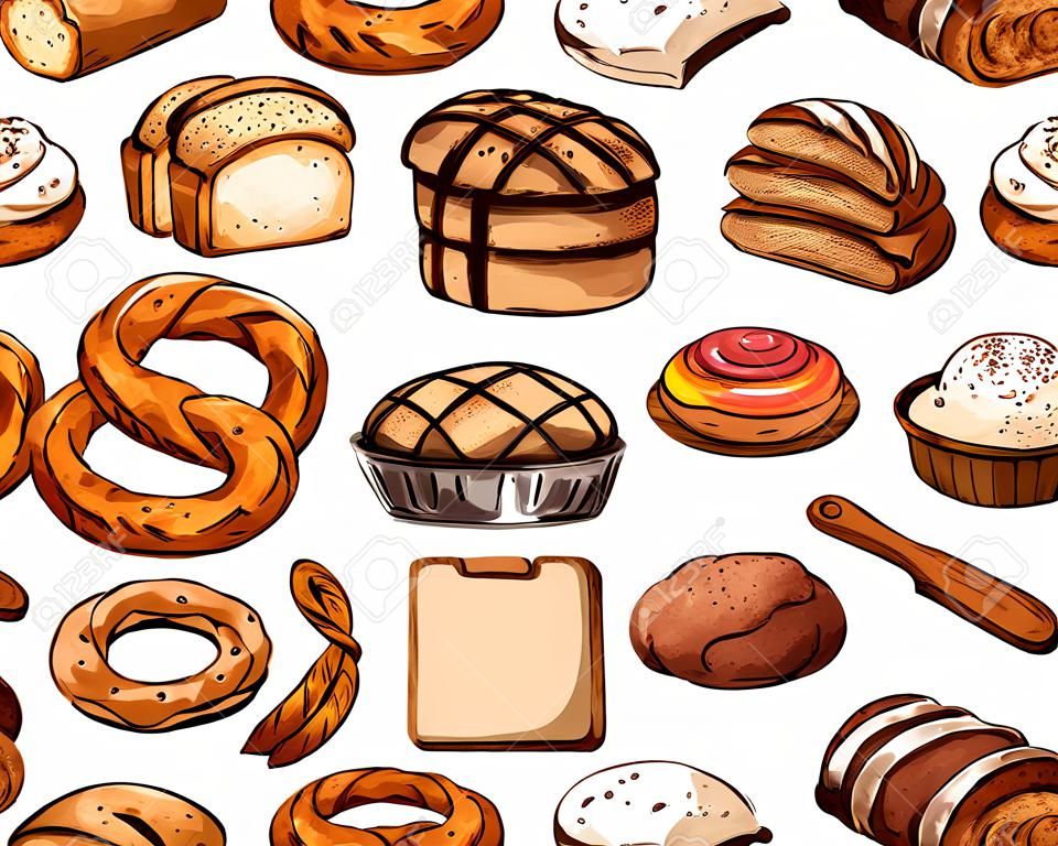 Bakery products and tools for work with dough. Wheat and rye bread, long baguette, sack of flour and cupcake, wooden cutting board with rolling pin and bagel, croissant and toast, cookie bun and bagel