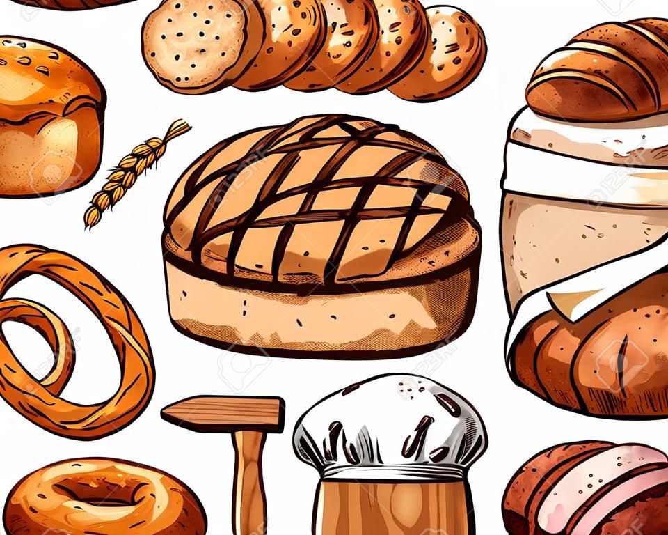Bakery products and tools for work with dough. Wheat and rye bread, long baguette, sack of flour and cupcake, wooden cutting board with rolling pin and bagel, croissant and toast, cookie bun and bagel