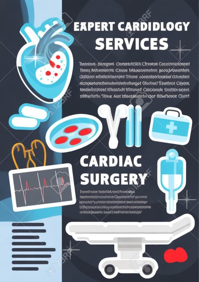 Cardiology medicine poster for heart health clinic and medical surgery. Vector design of cardiologist operating table, blood dropper or syringe and treatment pills with cardiogram