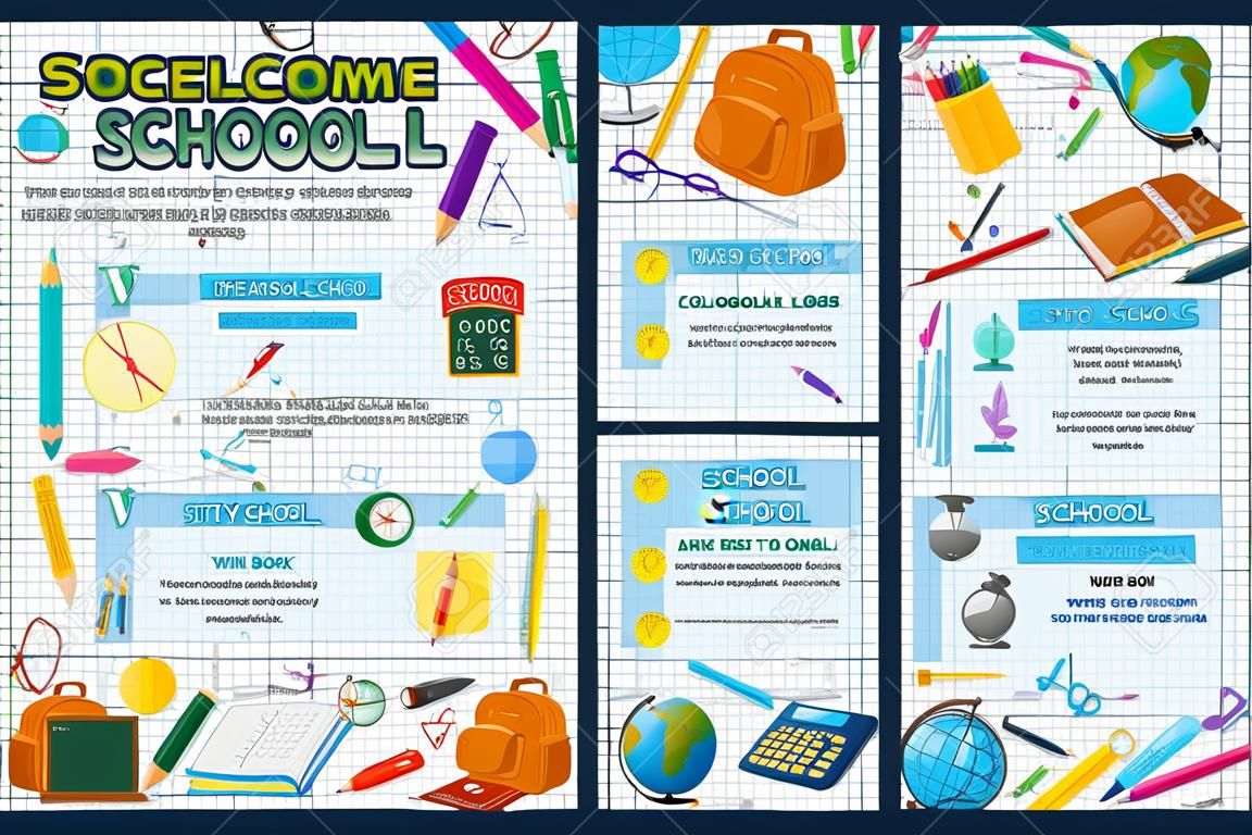 Back to school poster template with school supplies and science infographic. Maths, chemistry, biology and geography study items with book, pencil and globe, blackboard and calculator on squared paper