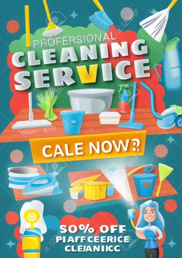 Reinigungsservice Rabatt bieten Promotion Poster Design. Haus sauber Geräte und Werkzeuge Banner mit Eimer, Reinigungsmittel Spray und Bürste, Mopp, Besen und Handschuh, Schwamm, Seifenflasche und Staubsauger
