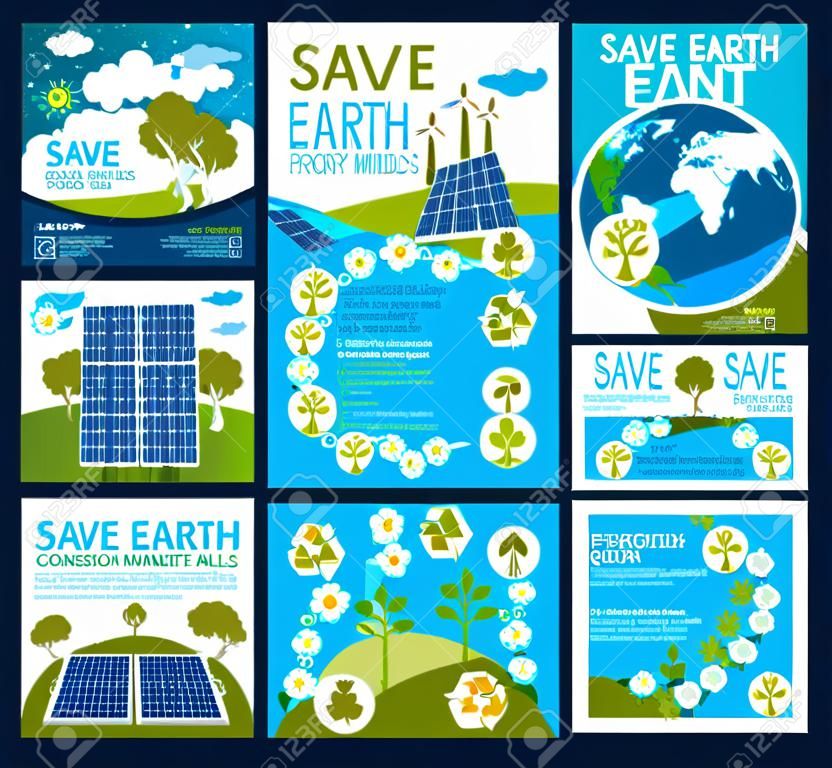 Poster Save Earth per la protezione dell'ecologia e la conservazione dell'ambiente. Pannelli solari e mulini a vento di energia verde vettoriale in natura ecologica o inquinamento atmosferico del pianeta con centrali elettriche ed emissioni di CO