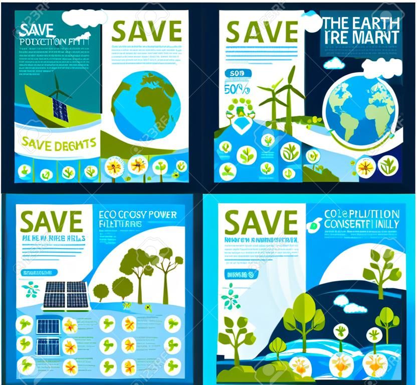 エコロジー保護と環境保全のための地球のポスターを保存します。発電所やCO排出を伴うエコ自然や惑星大気汚染におけるベクトルグリーンエネルギーソーラーパネルと風車