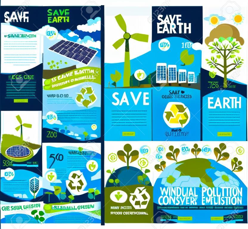 Poster Save Earth per la protezione dell'ecologia e la conservazione dell'ambiente. Pannelli solari e mulini a vento di energia verde vettoriale in natura ecologica o inquinamento atmosferico del pianeta con centrali elettriche ed emissioni di CO