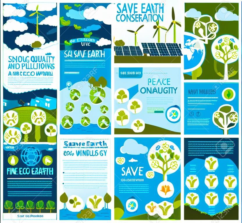 Affiches Save Earth pour la protection de l'écologie et la conservation de l'environnement. Panneaux solaires à énergie verte vectorielle et moulins à vent dans la nature écologique ou la pollution de l'air de la planète avec des centrales électriques et des émissions de CO