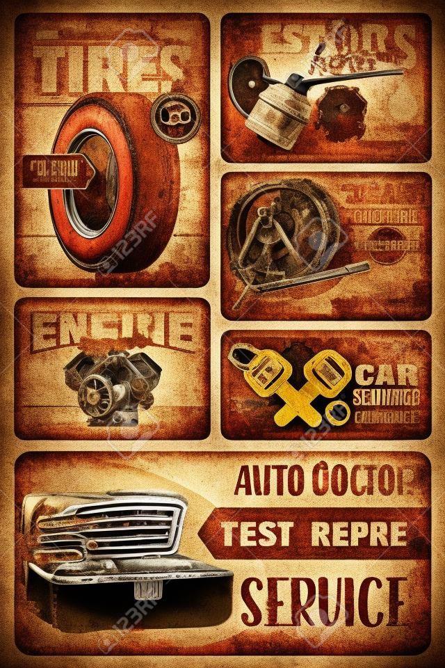 Car service and auto center cards with vintage rust effect. Vector retro rusty posters design for car engine oil service, tire fitting or pumping and mechanic repair or spare parts store